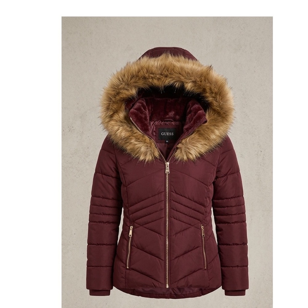 GUESS Maroon Faux Fur Hooded Puffer Jacket Chevron Quilted‎ Y2K BRATZ Coat-M 🍒